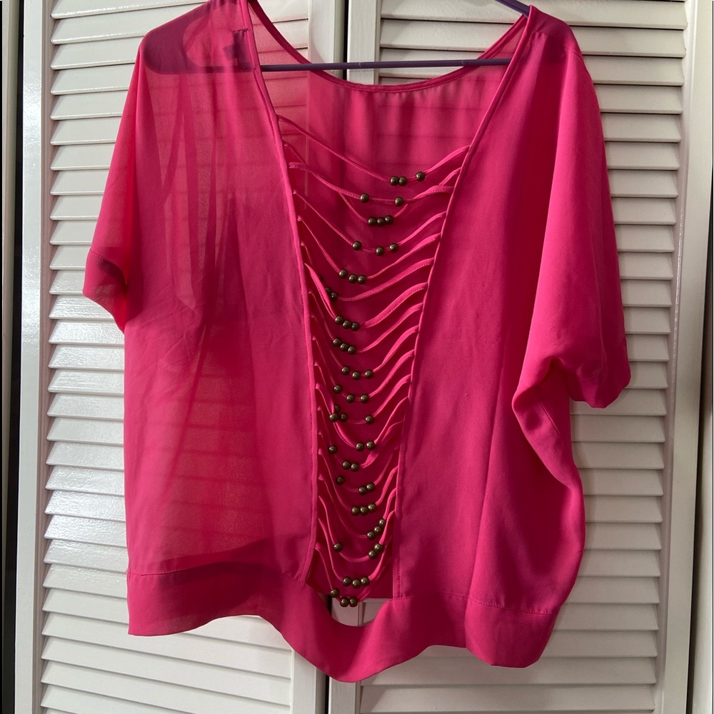 Pink Open Back Beaded Sheer Blouse XXL